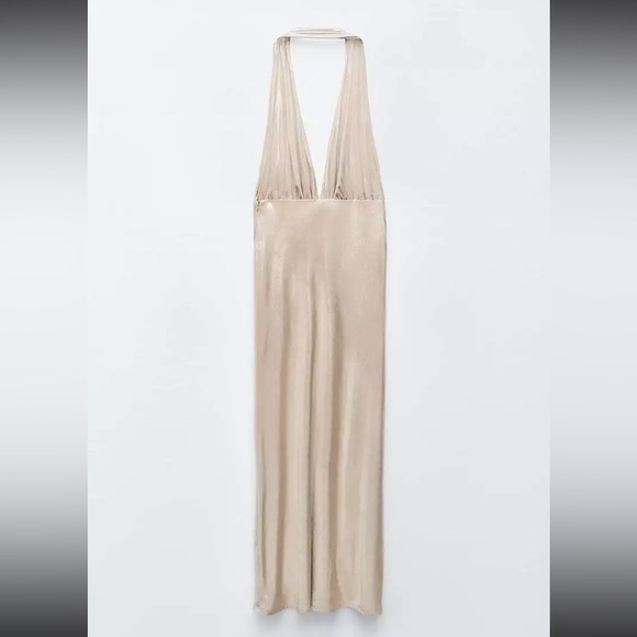 ZARA | Gold Lamé Halter Maxi Dress Backless Evening Gown - Picture 3 of 16